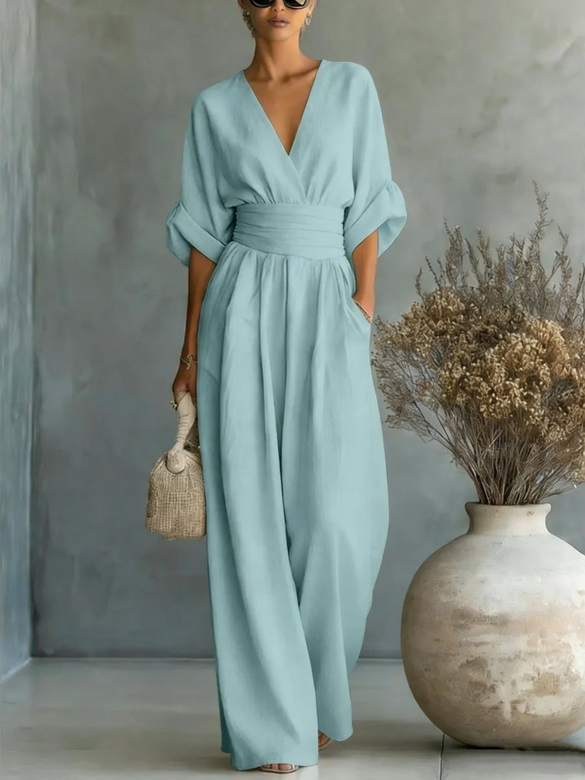 Women's Wide Leg Jumpsuit – V-Neck Belted Occasion