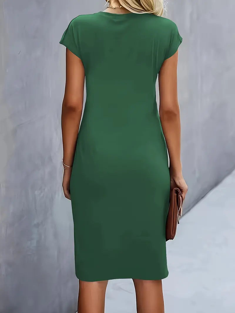 Women's Ruched Midi Dress – Twist-Front Bodycon Dress