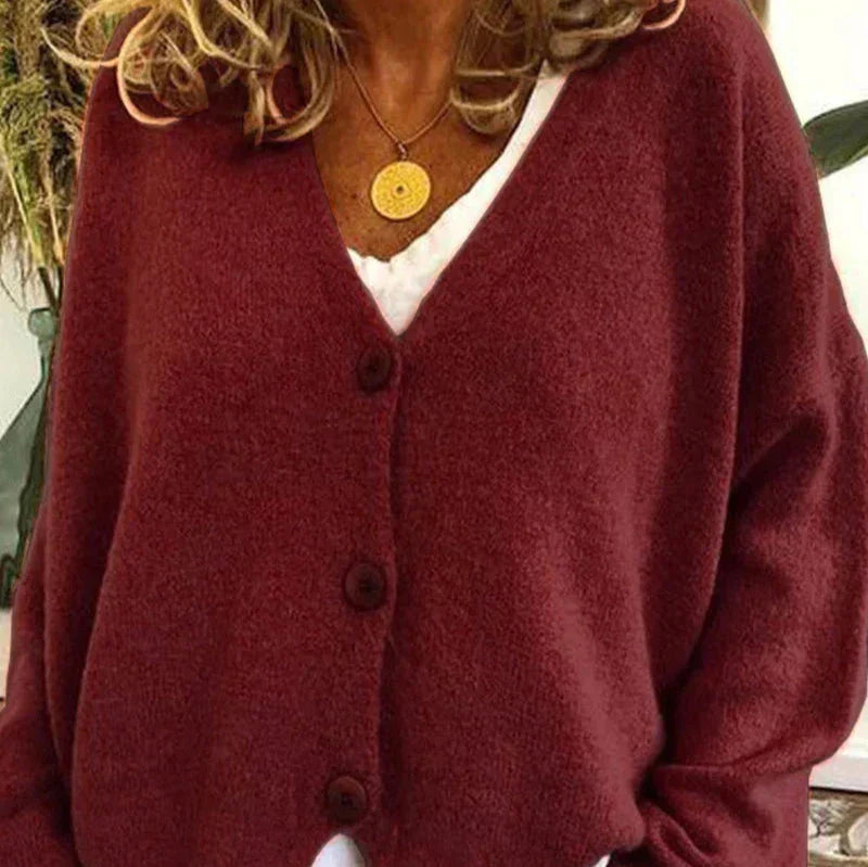 Women's Knitted Cardigan – V-Neck Button-Up – Burgundy