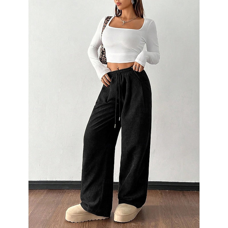 Women's Corduroy Wide Leg Trousers with Drawstring Waist