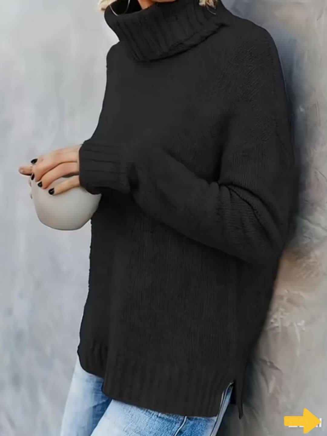 Women's Cowl Turtleneck Jumper – Split Hem Knit Sweater