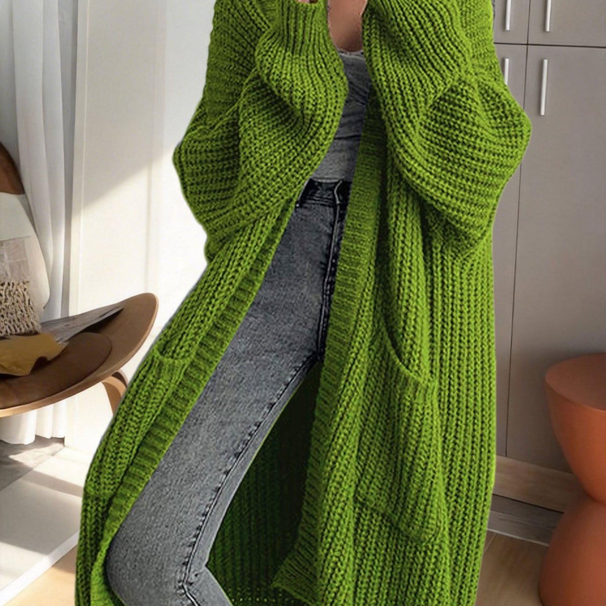Women's Ribbed Knit Longline Duster Cardigan with Pockets