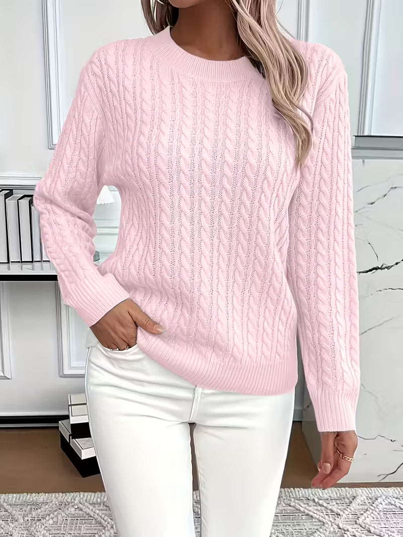 Women's Cable Knit Crew Neck Jumper – Ribbed Cuff Sweater