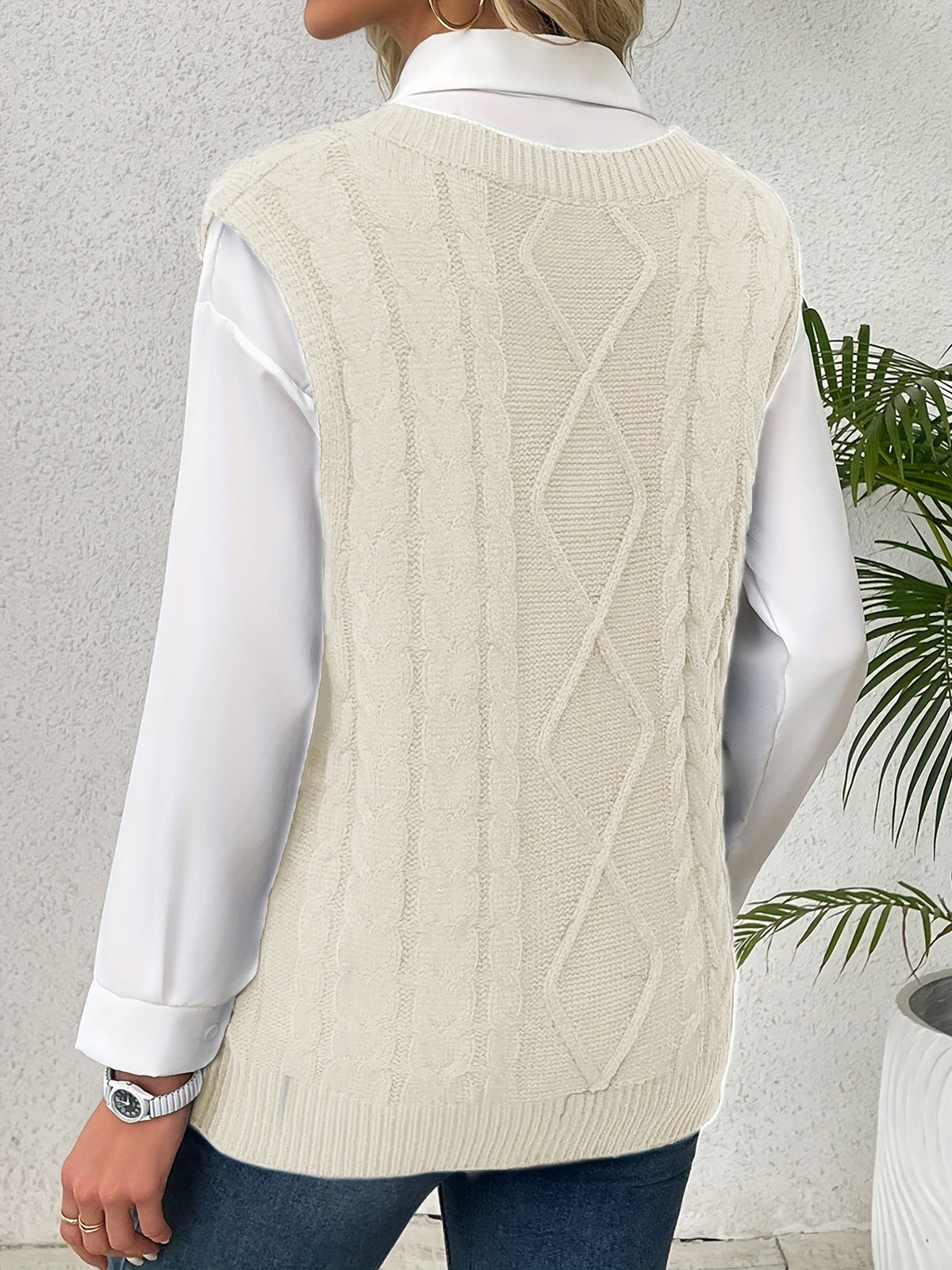 Women's Cable Knit V-Neck Jumper Vest, Preppy Layering Piece