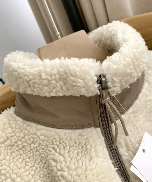 Women's Teddy Fleece Jacket – High Collar Contrast Zip Pocket