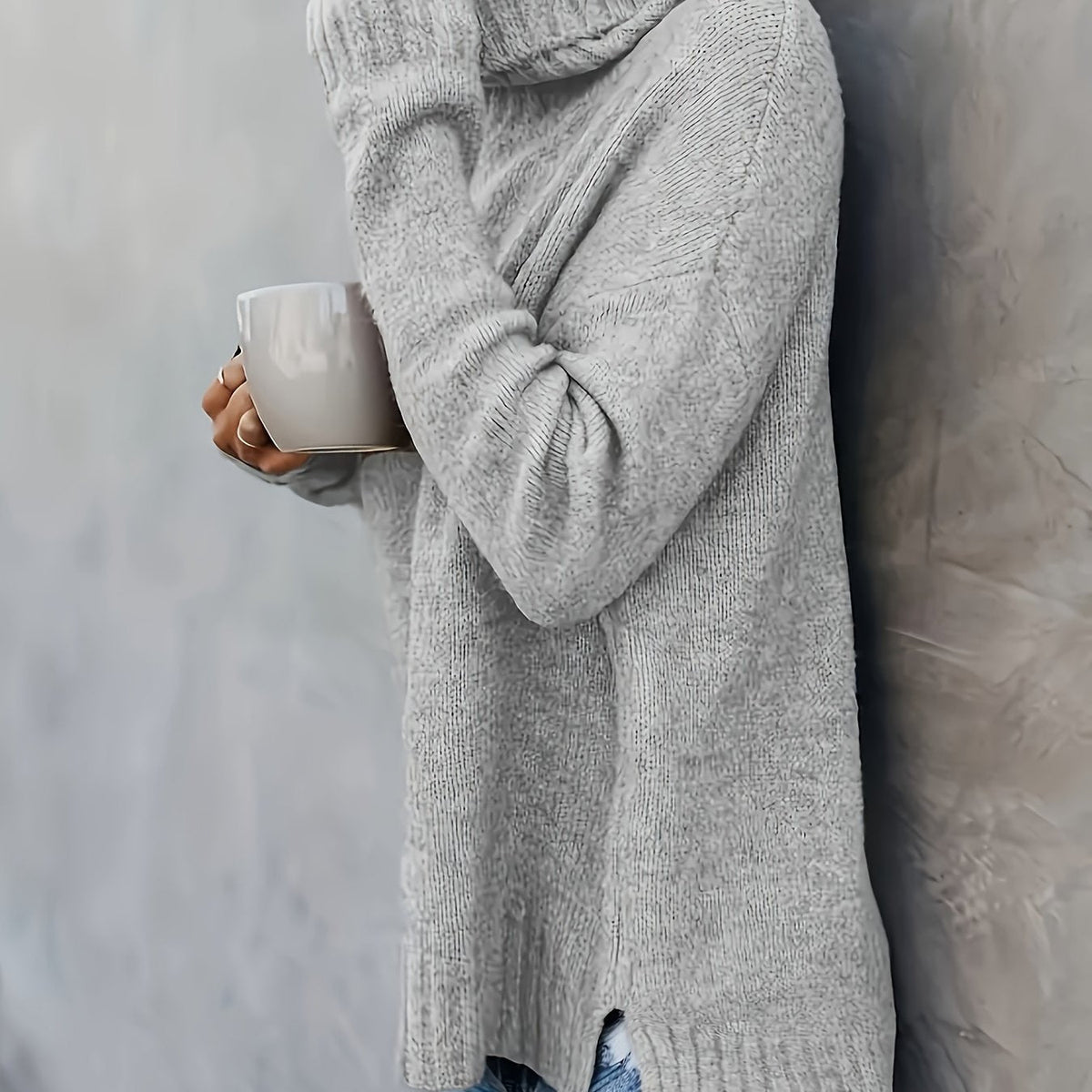 Women's Cowl Turtleneck Jumper – Split Hem Knit Sweater