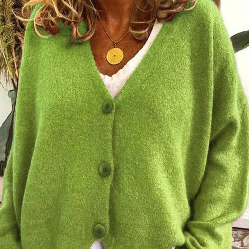 Women's Knitted Cardigan – V-Neck Button-Up – Green