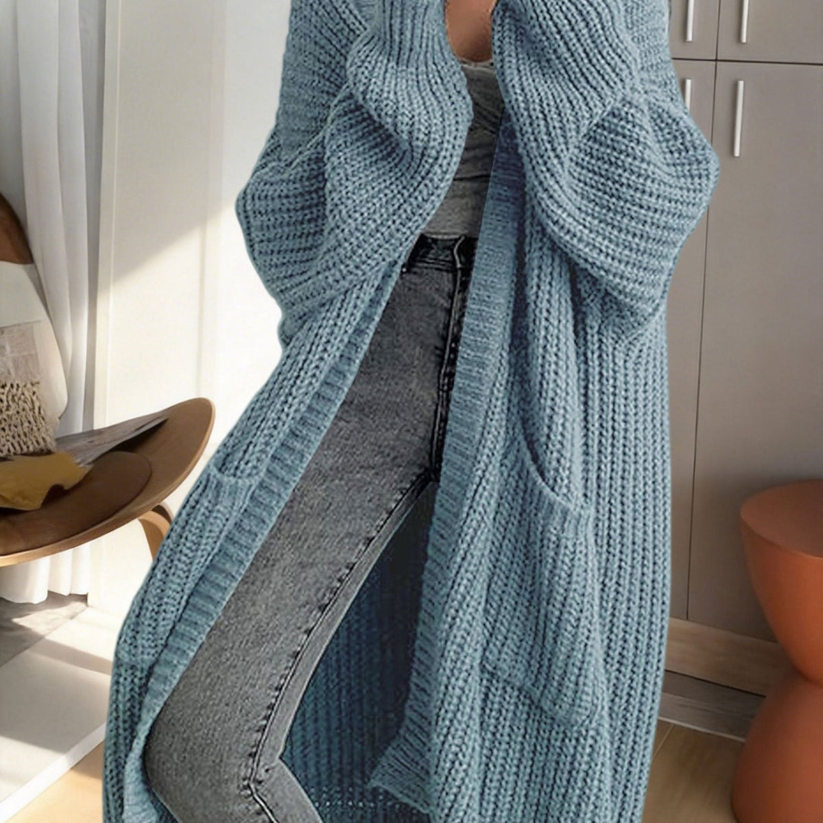 Women's Ribbed Knit Longline Duster Cardigan with Pockets