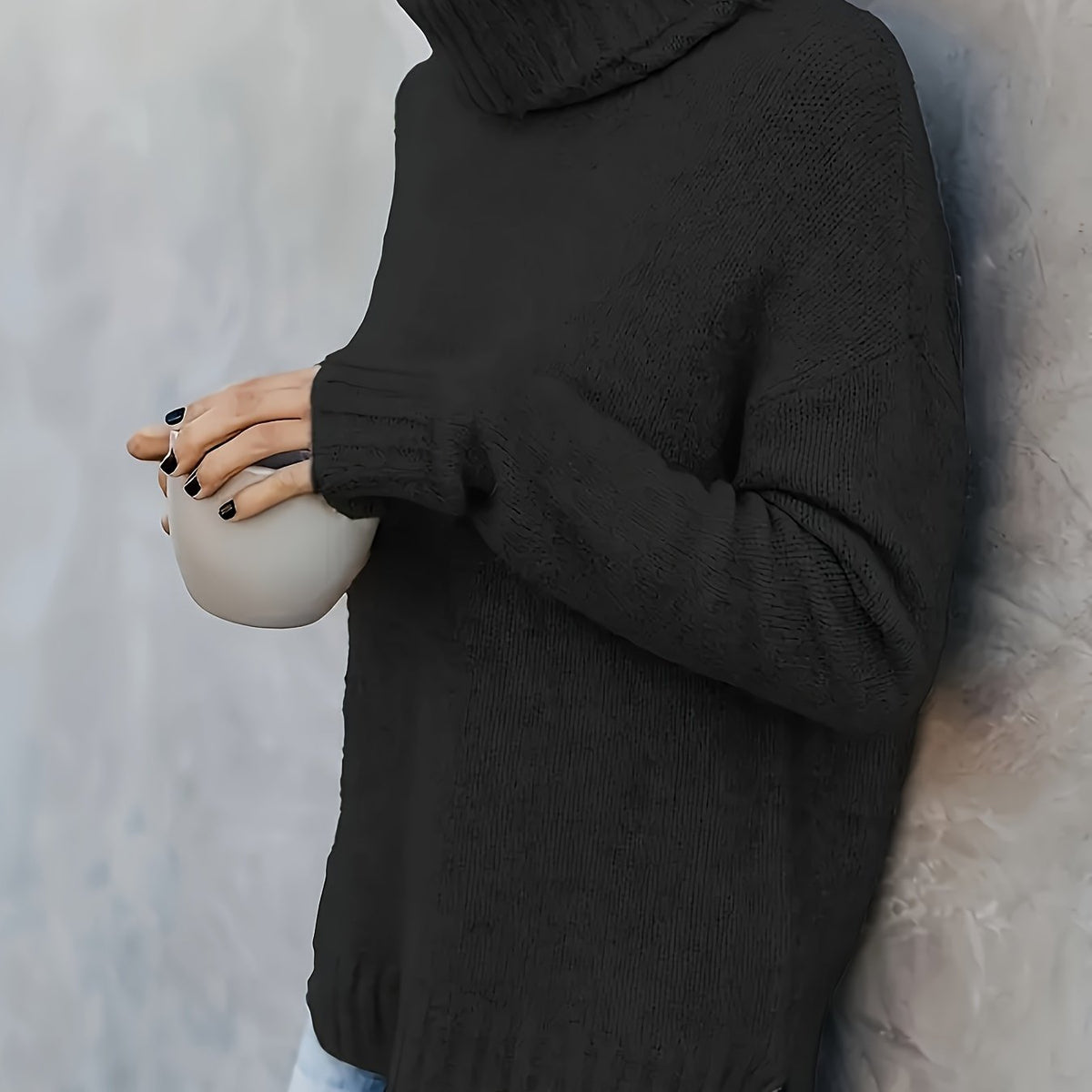 Women's Cowl Turtleneck Jumper – Split Hem Knit Sweater
