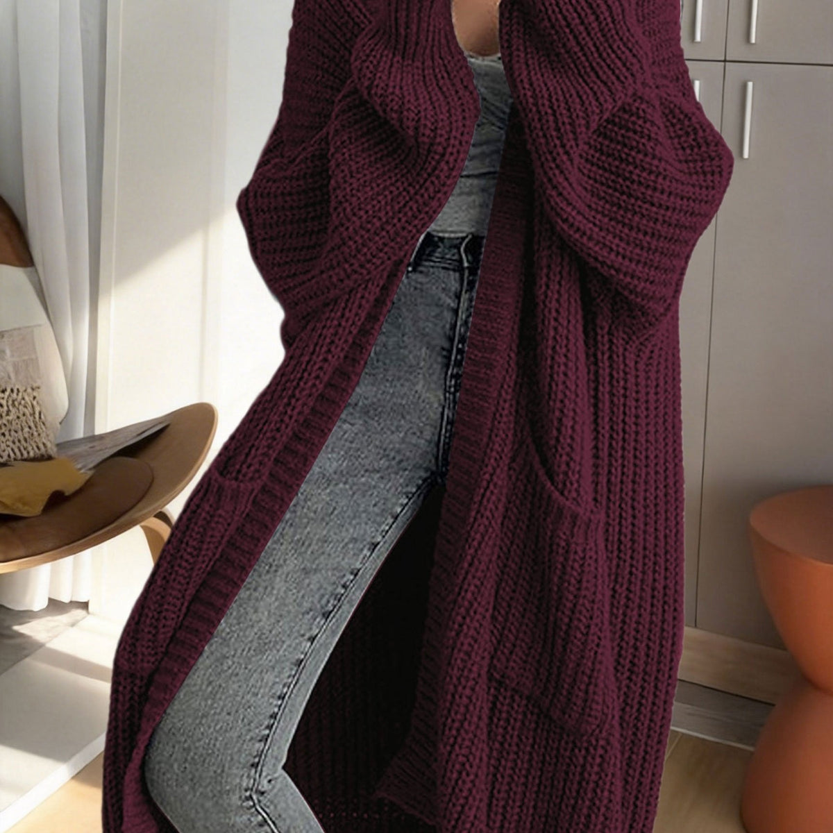 Women's Ribbed Knit Longline Duster Cardigan with Pockets