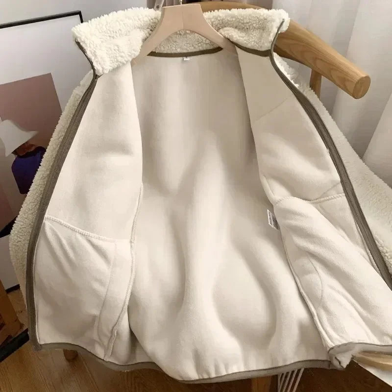 Women's Teddy Fleece Jacket – High Collar Contrast Zip Pocket