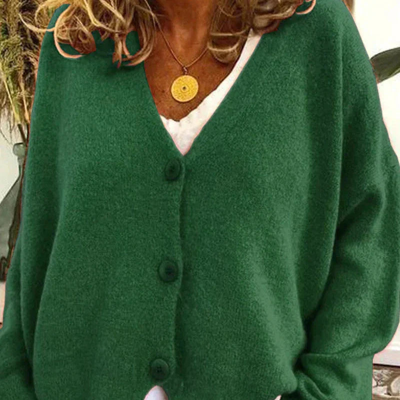 Women's Knitted Cardigan – V-Neck Button-Up – Dark Green