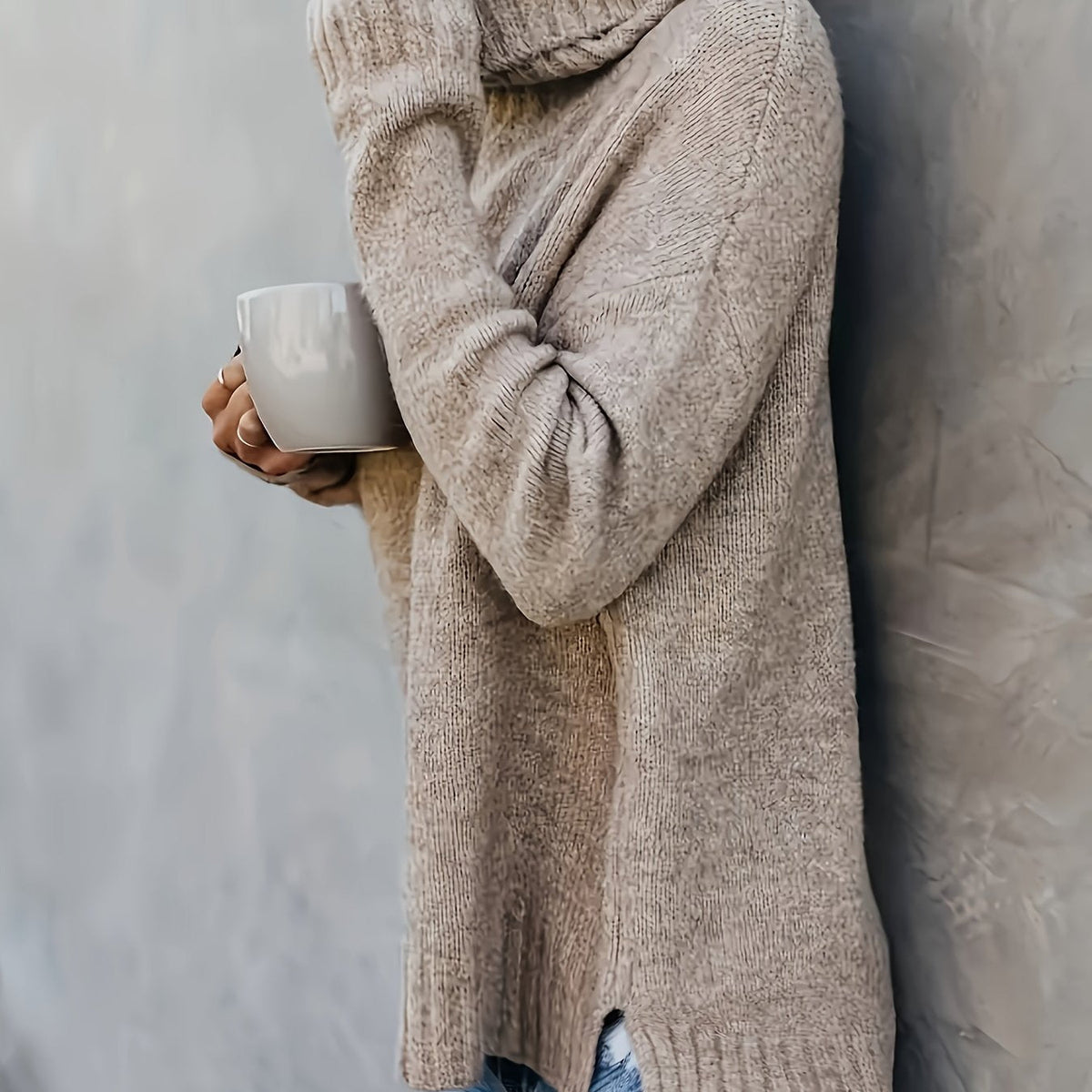 Women's Cowl Turtleneck Jumper – Split Hem Knit Sweater