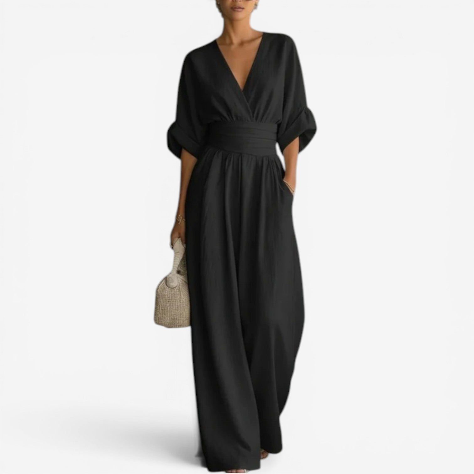 Women's Wide Leg Jumpsuit – V-Neck Belted Occasion
