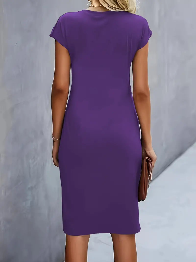 Women's Ruched Midi Dress – Twist-Front Bodycon Dress