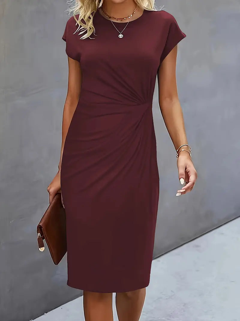 Women's Ruched Midi Dress – Twist-Front Bodycon Dress