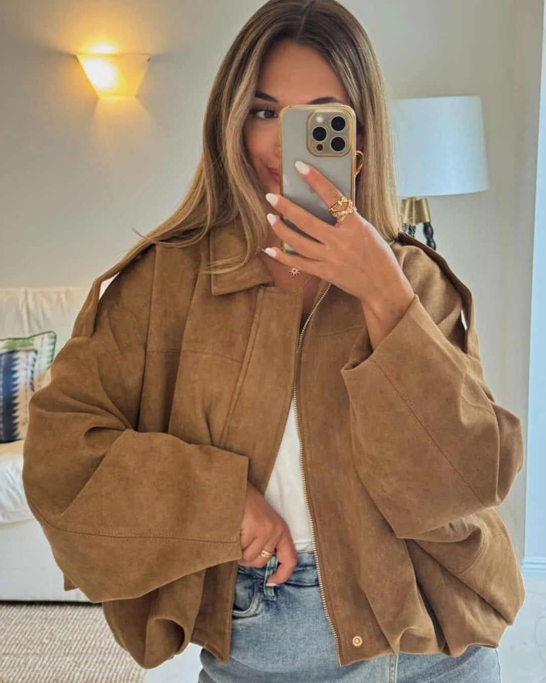 Women's Faux Suede Bomber Jacket – Collar Cropped Zip Jacket