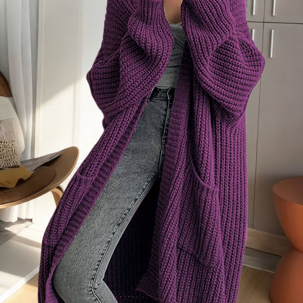 Women's Ribbed Knit Longline Duster Cardigan with Pockets