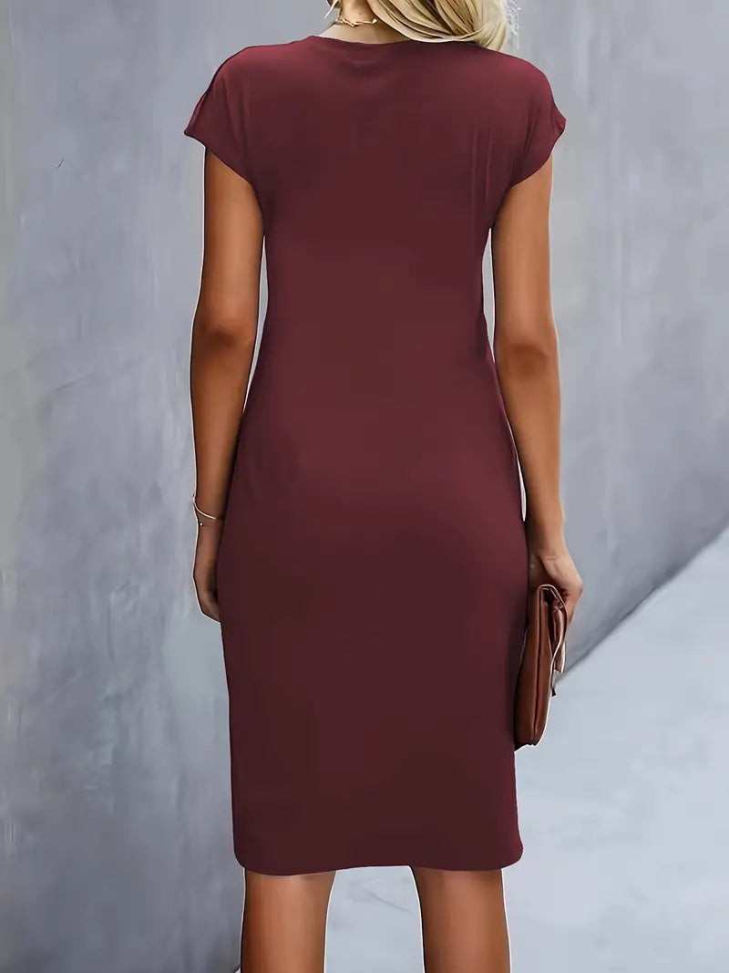 Women's Ruched Midi Dress – Twist-Front Bodycon Dress