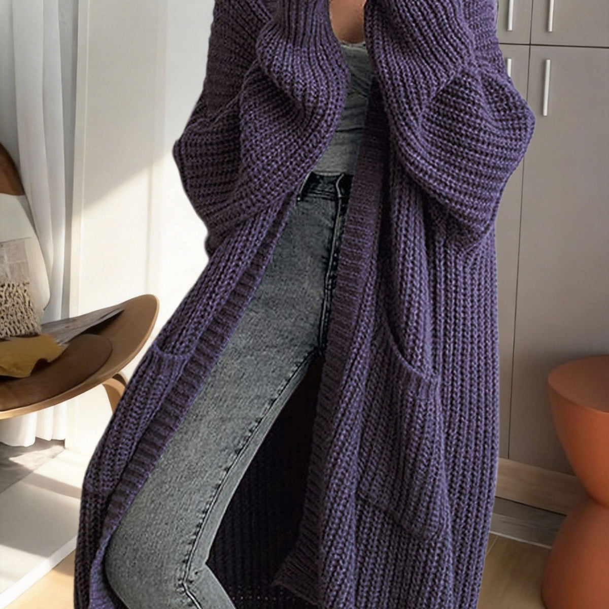 Women's Ribbed Knit Longline Duster Cardigan with Pockets