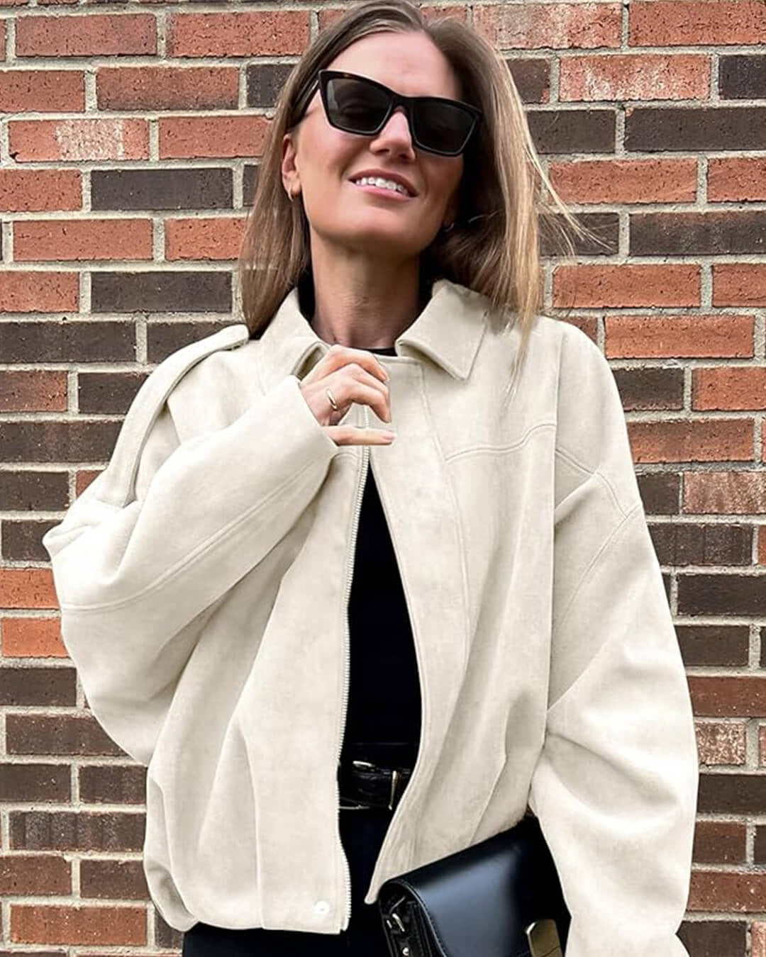 Women's Faux Suede Bomber Jacket – Collar Cropped Zip Jacket