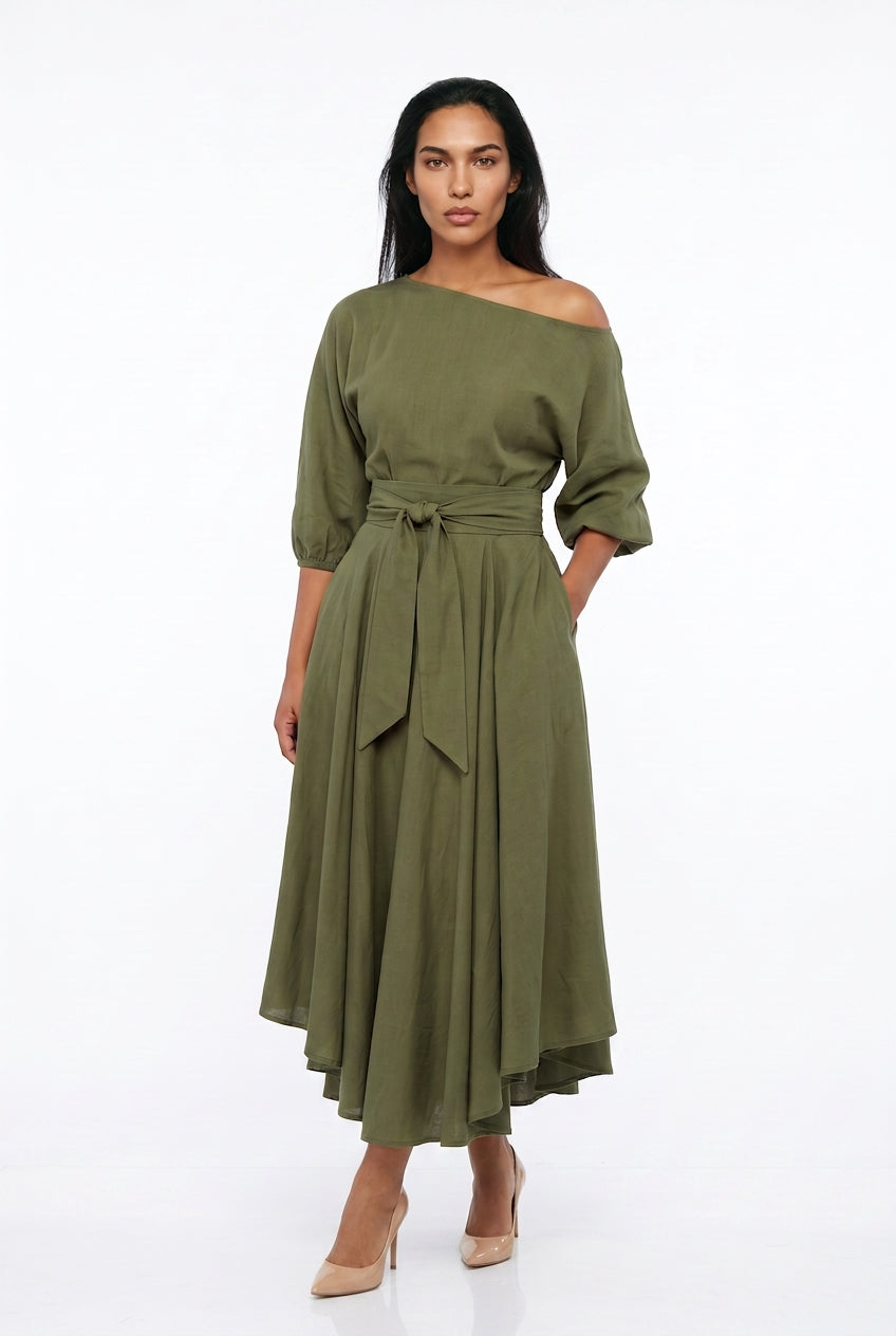 Women's Off-Shoulder Midi Dress – Belted A-Line