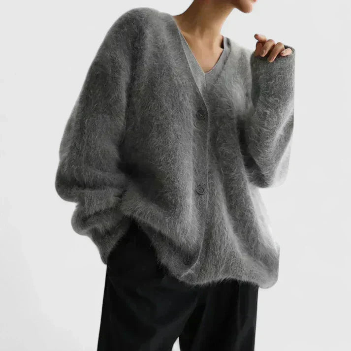 Women's Brushed Knit Cardigan – Oversized V-Neck Fuzzy Cardigan