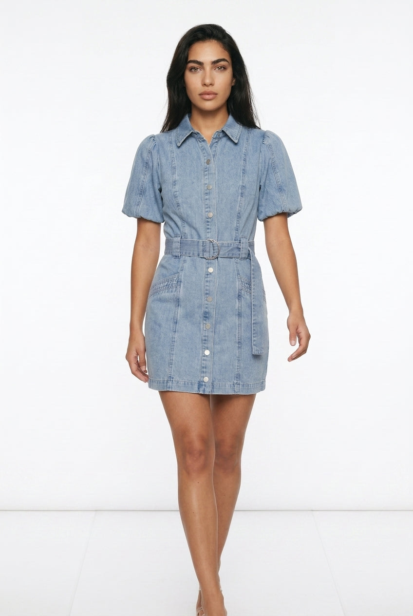 Women's Denim Mini Dress – Belted Puff Sleeve Shirt Dress