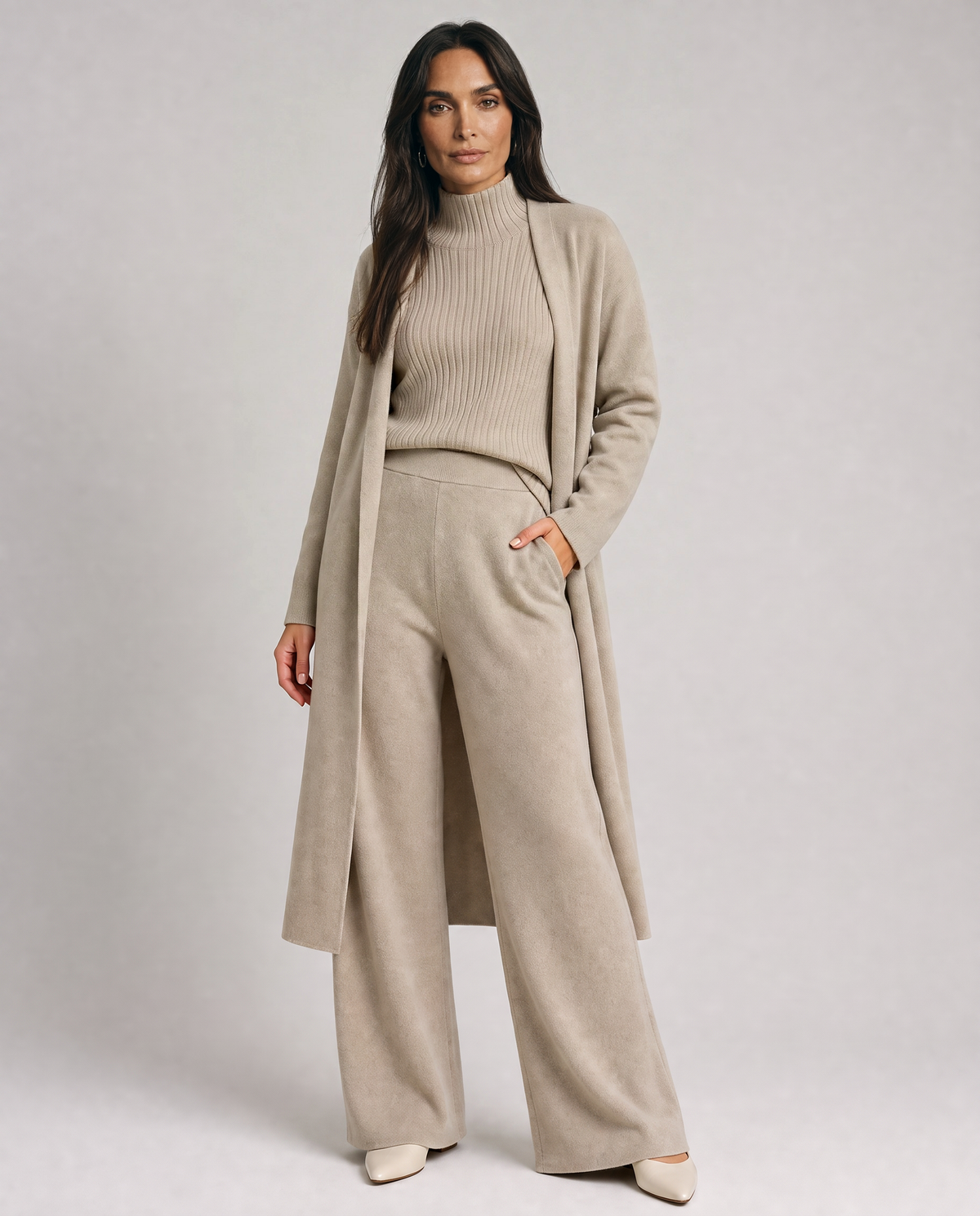 Women's Knit Co-ord Set – Longline Cardigan, Jumper & Wide Leg Trousers