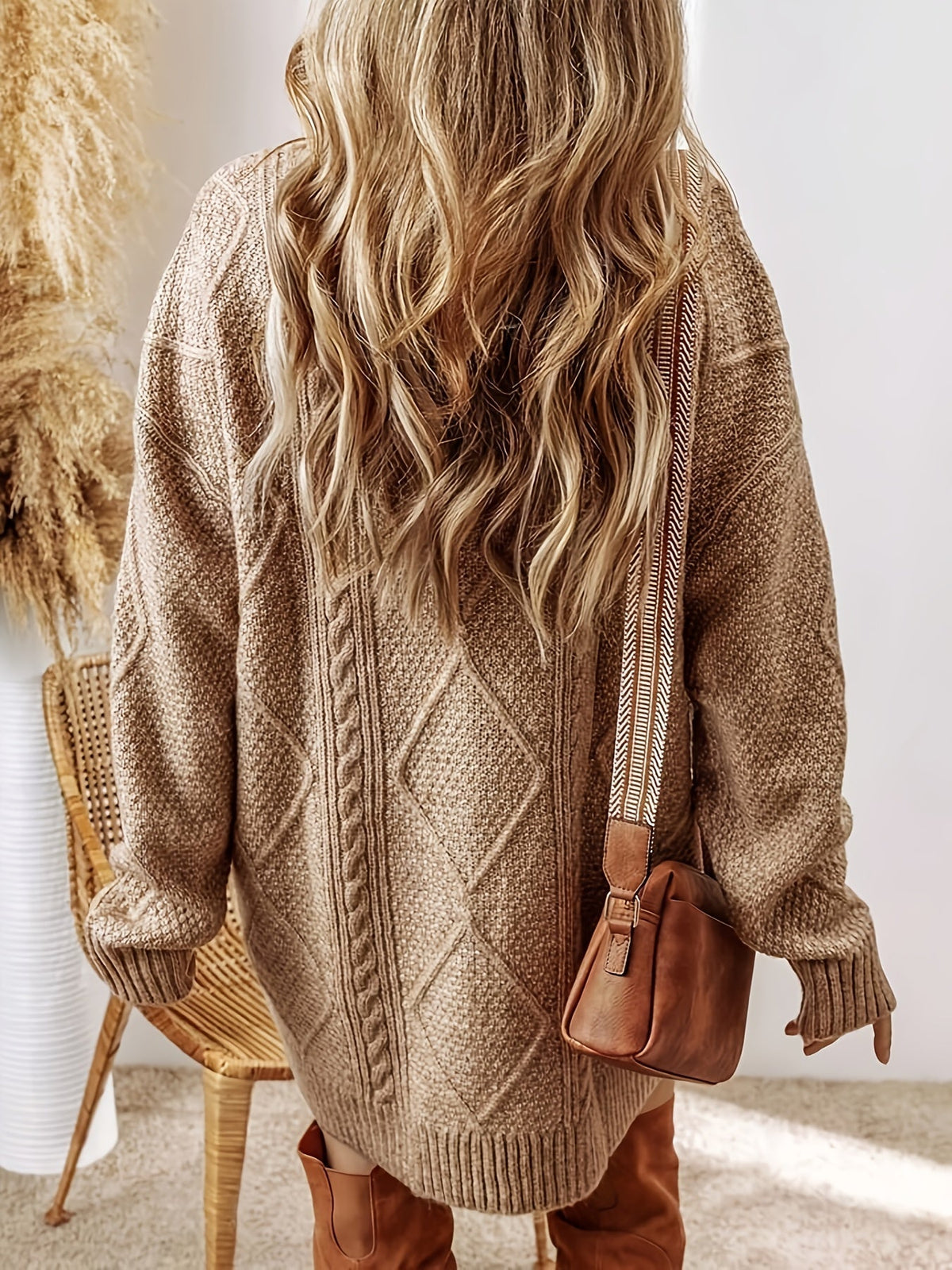 Women's Cable Knit Jumper Dress – Oversized Balloon Sleeve Dress