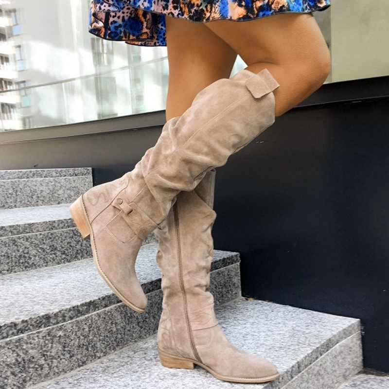 Women's Suede Knee High Flat Boots - Slouch – Beige