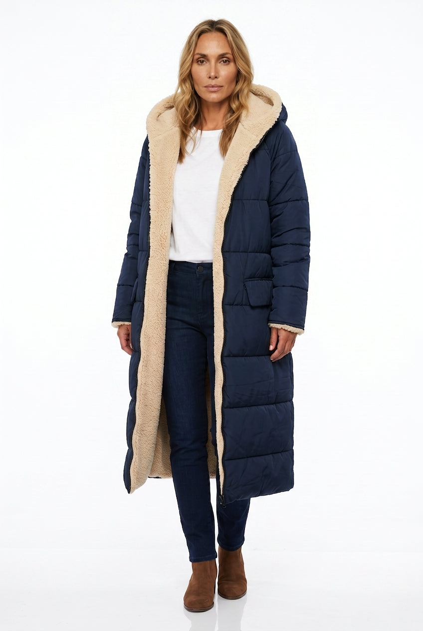 Women's Longline Sherpa-Lined Puffer Coat with Hood