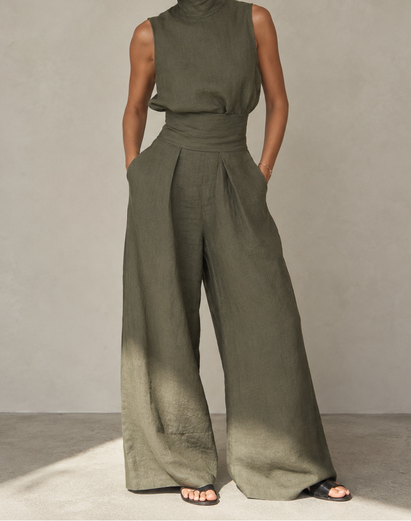 Women's Wide Leg Jumpsuit – Sleeveless High Neck Linen Jumpsuit
