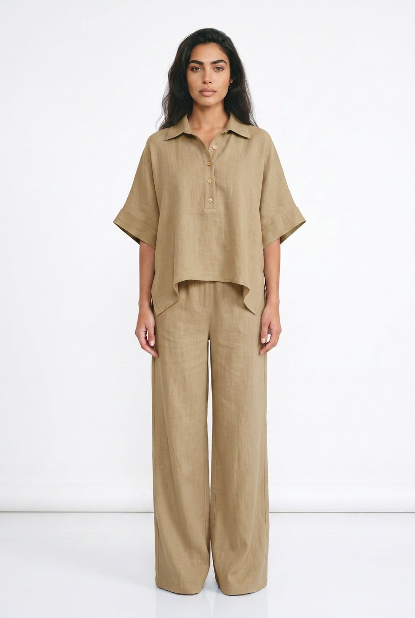 Women's Linen-Look Co-ord Set – Oversized Top & Wide Leg Trousers