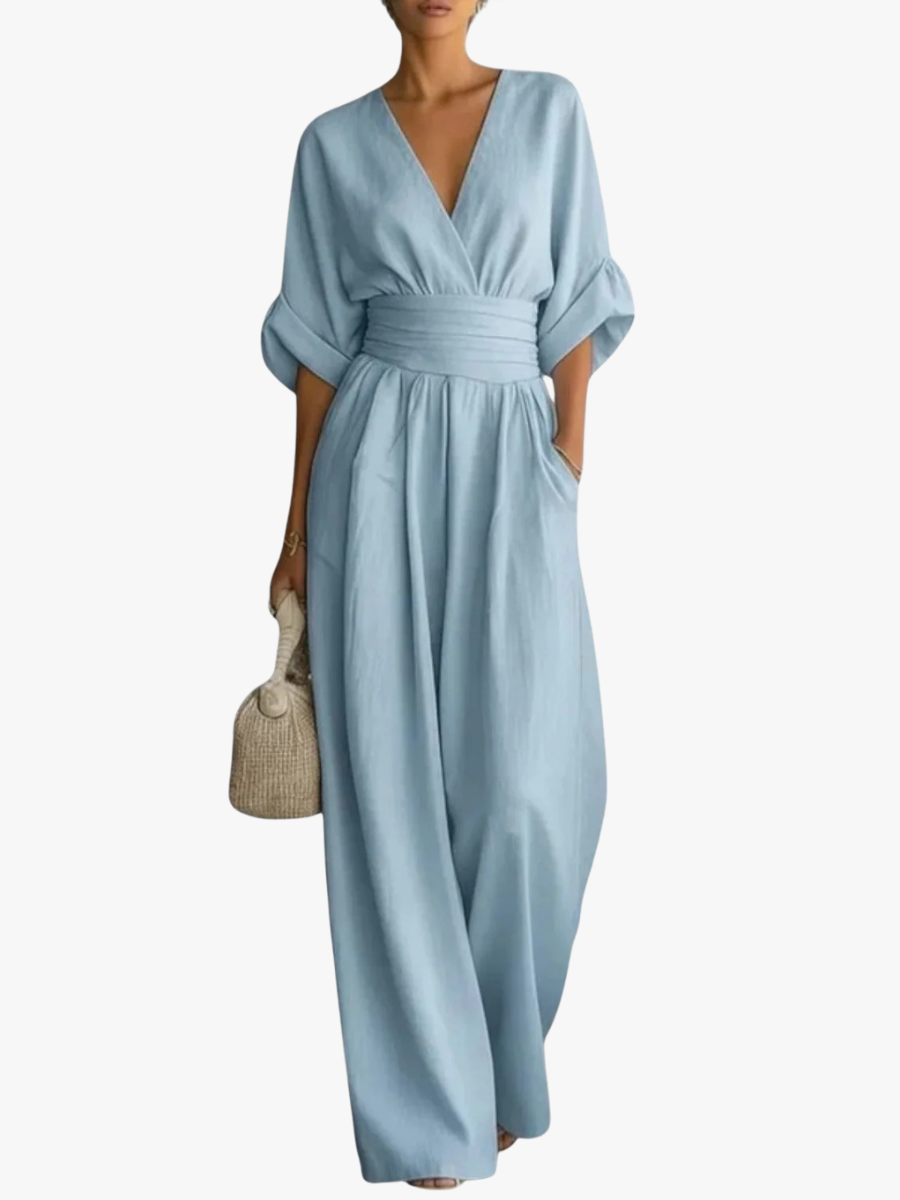 Women's Wide Leg Jumpsuit – V-Neck Belted Occasion