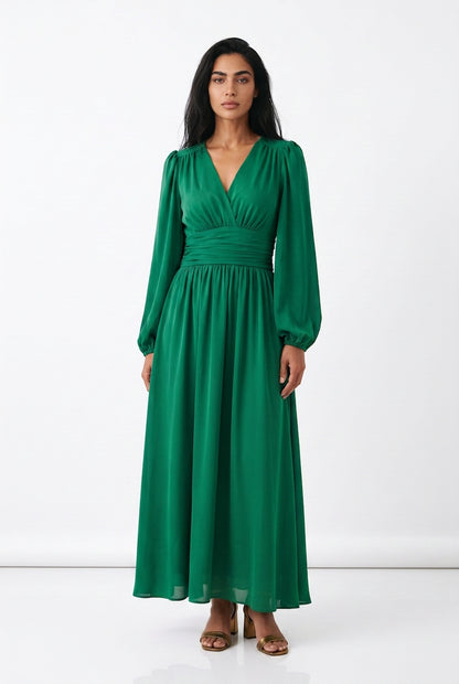 Women's Chiffon Maxi Dress – V-Neck Long Sleeve A-Line