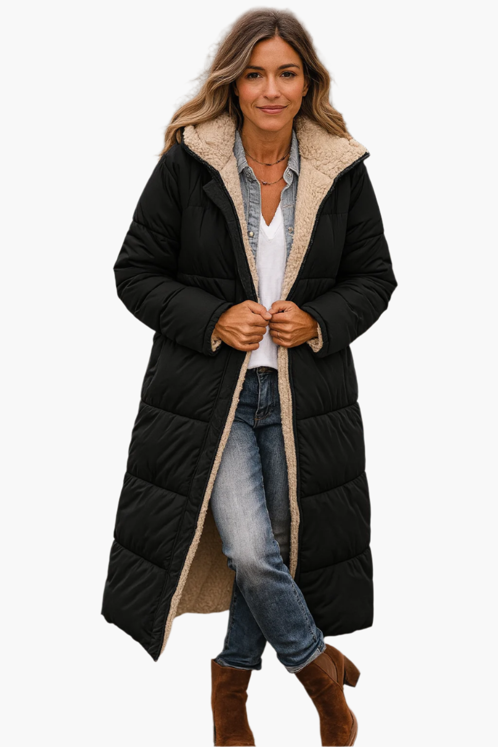 Women's Longline Hooded Puffer Jacket Fleece-Lined – Black