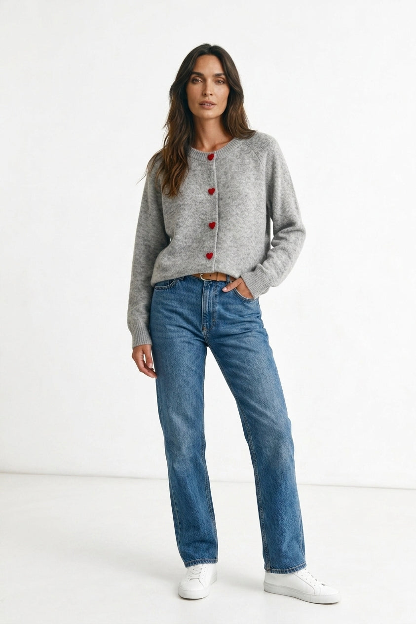 Women's Knit Cardigan – Heart Button Round Neck