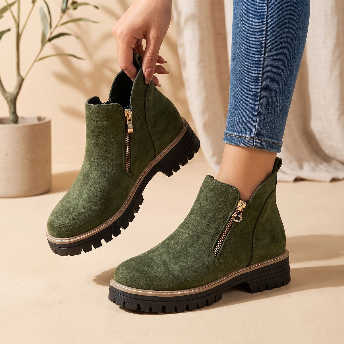Women's Waterproof Ankle Boots Lugged Sole – Khaki