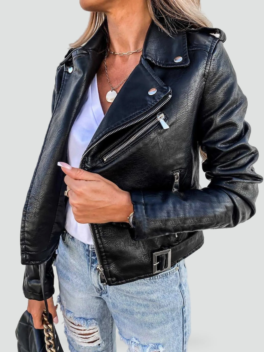 Women's Faux Leather Biker Jacket – Zip Front Moto Jacket