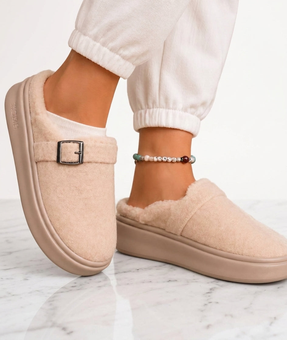 Women's Fleece Lined Buckle Slippers – Platform Sole Comfort Mules