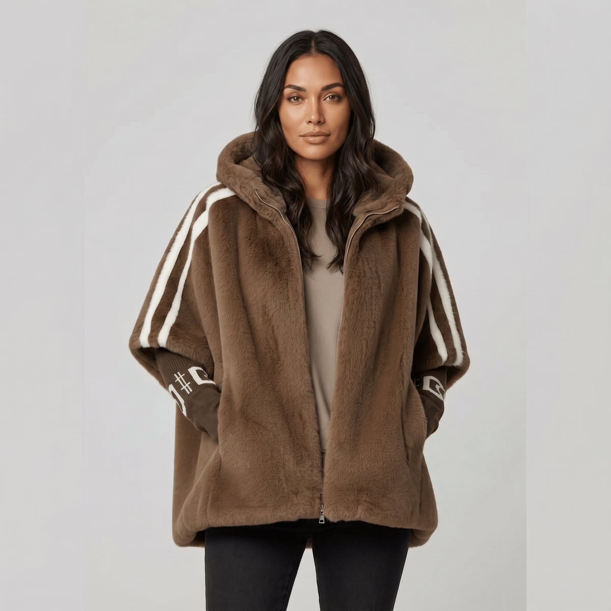 Women's Faux Fur Cape Jacket – Hooded Oversized Winter Coat