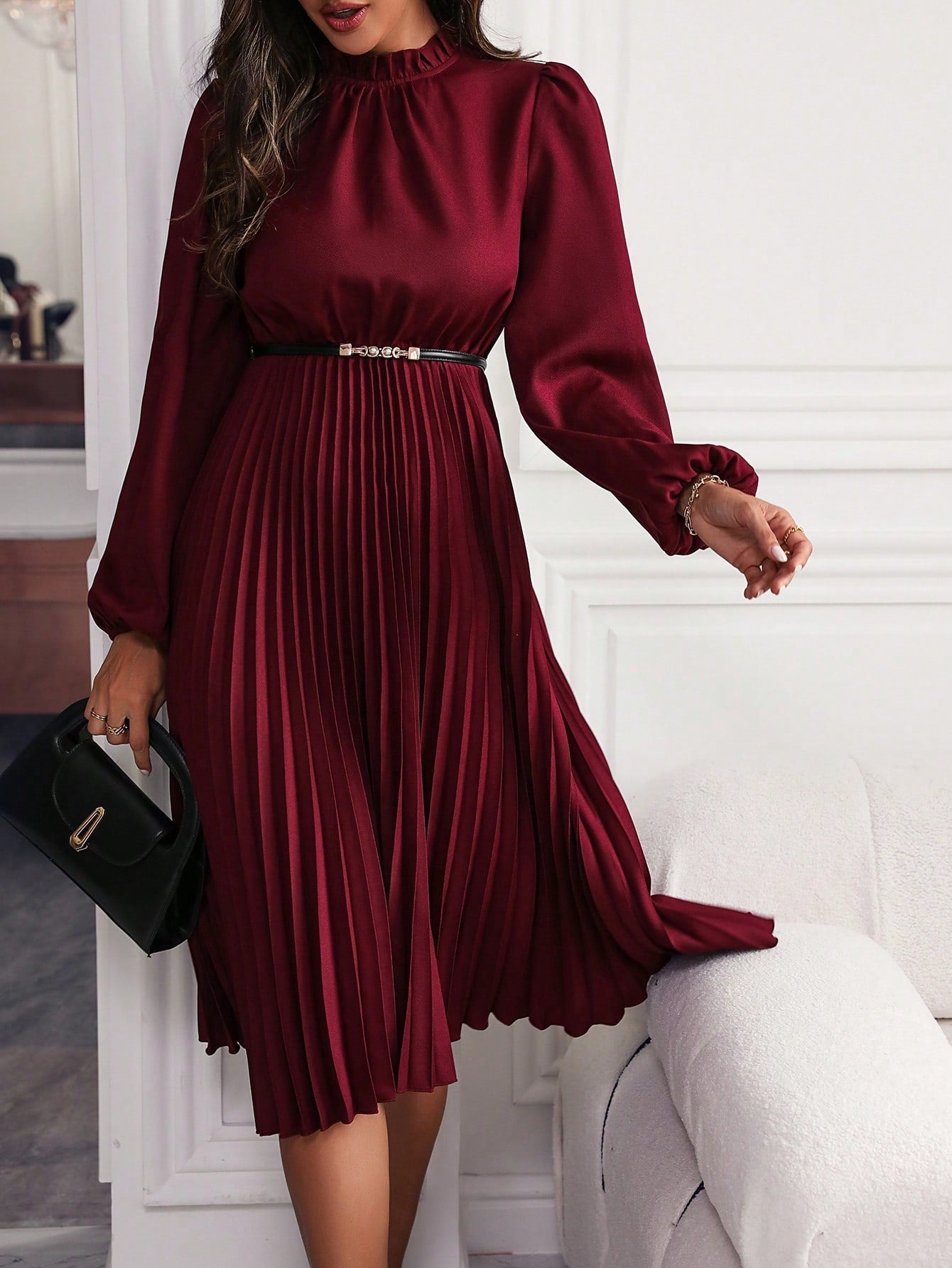 Women's Pleated Midi Dress – High Neck Long Sleeve