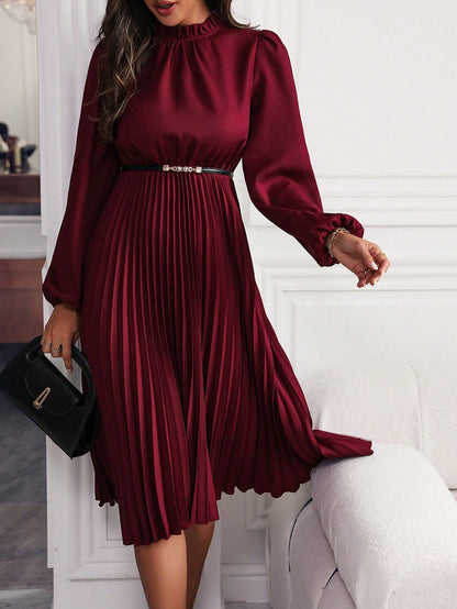 Women's Pleated Midi Dress – High Neck Long Sleeve