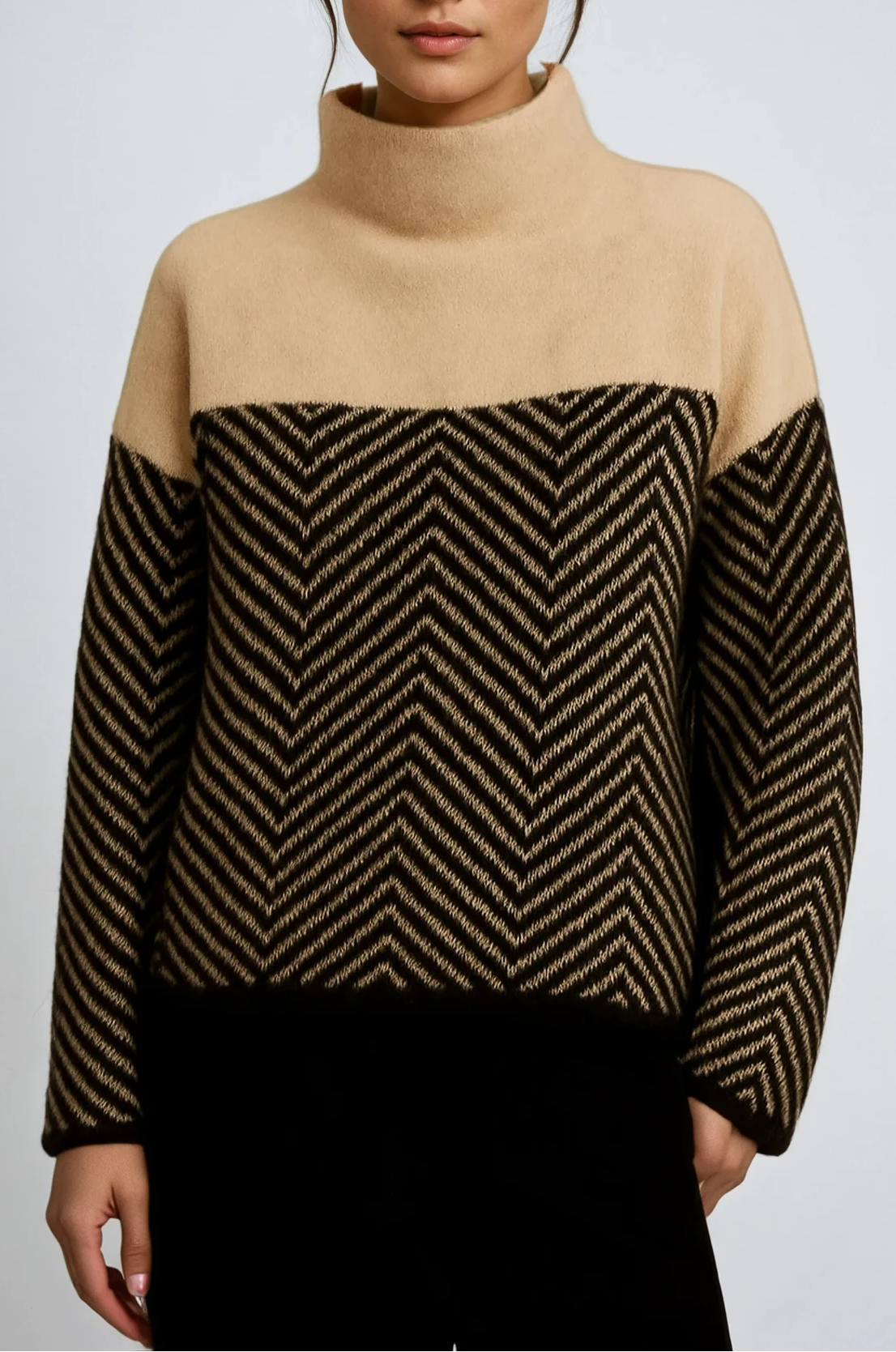Women's Chevron Turtleneck Jumper – Colour Block Funnel Neck