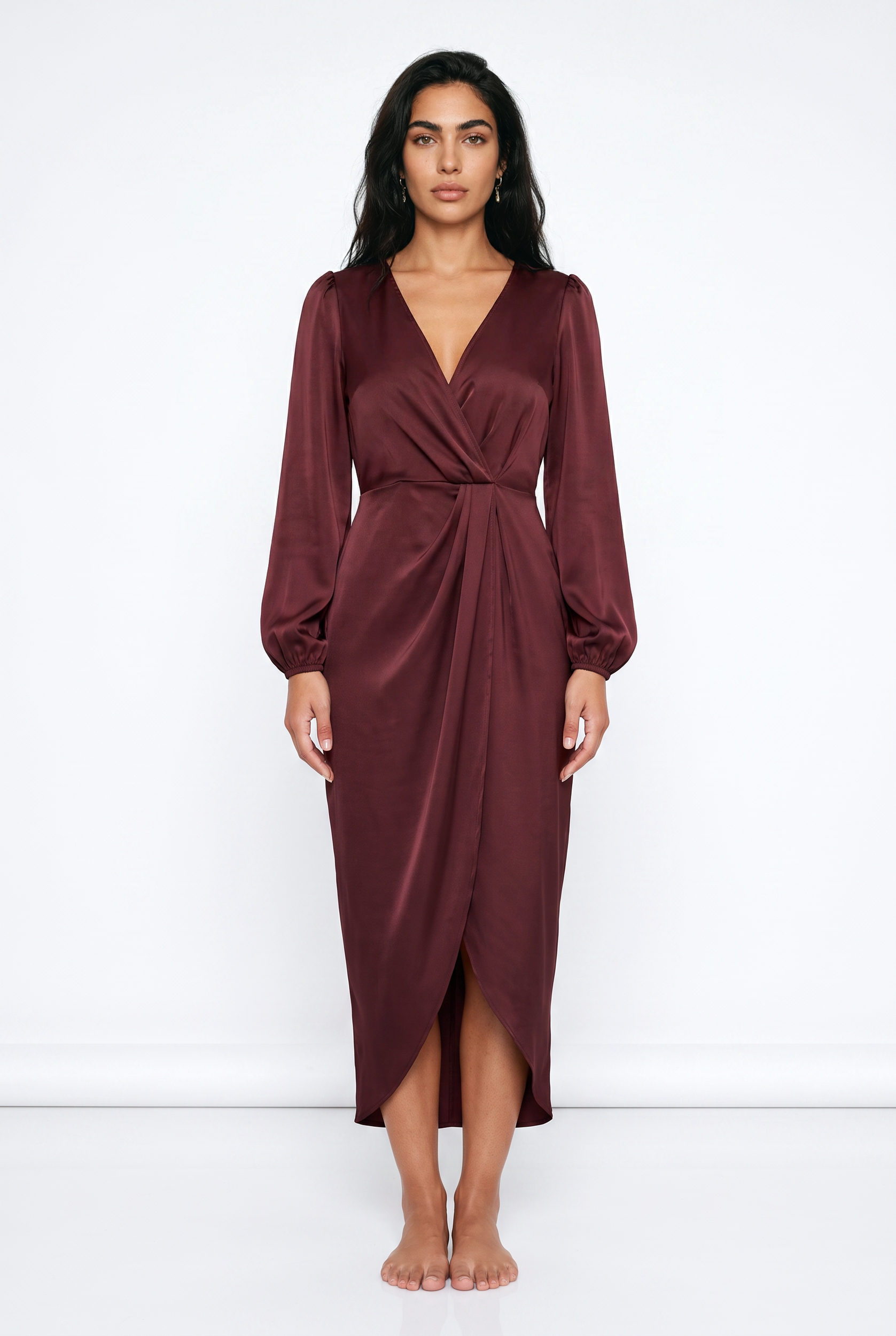 Women's Satin Wrap Midi Dress – V-Neck Twist Waist
