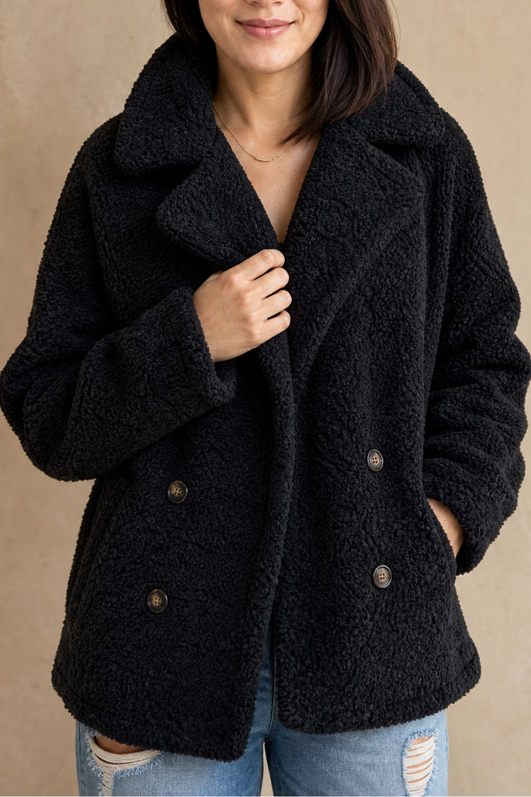 Women's Teddy Fleece Coat – Double-Breasted Notch Lapel Winter Coat