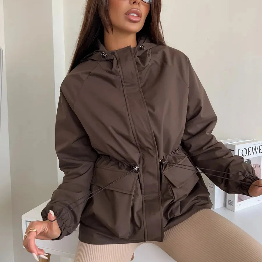 Women's Hooded Windbreaker Jacket – Cinched Waist Utility Jacket