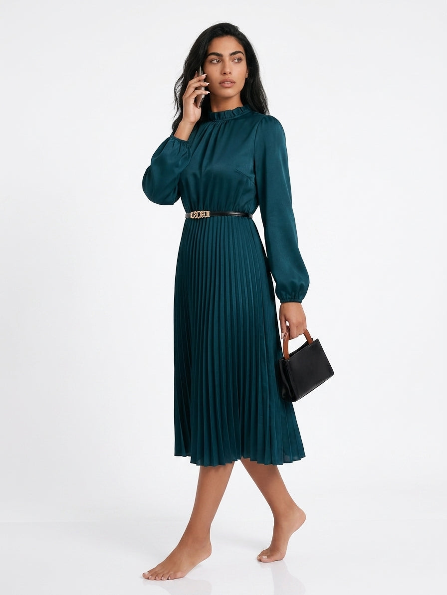 Women's Pleated Midi Dress – High Neck Long Sleeve