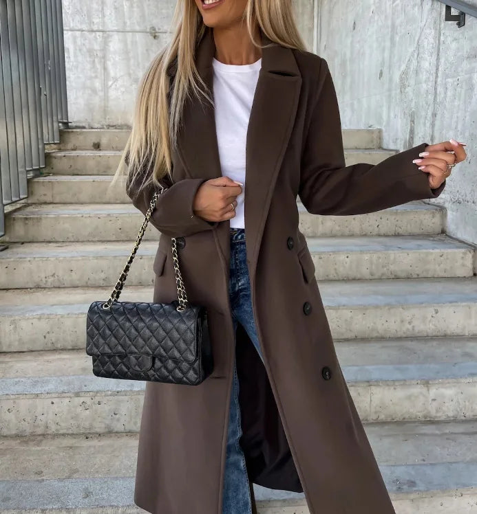 Women's Belted Wool-Blend Long Coat – Dark Brown